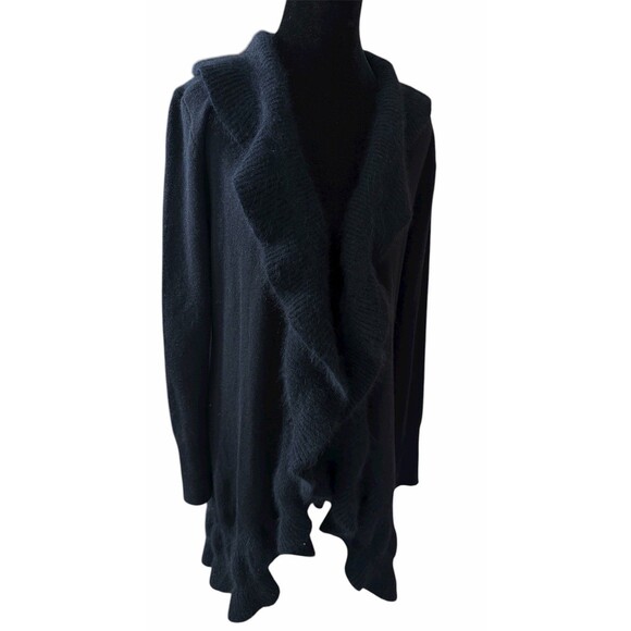 White House Black Market Cardigan Sz M Black Ruffle Open Front Rabbit Hair Wool - Picture 2 of 10